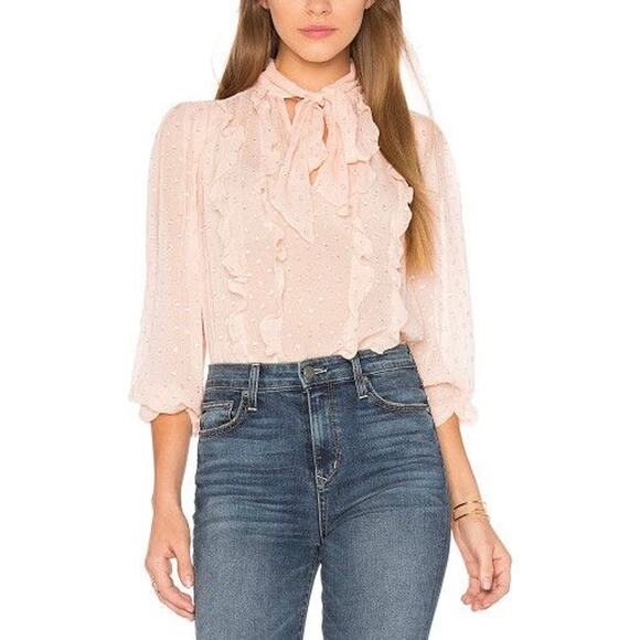 REBECCA TAYLOR Sheer Ruffle Trim Blouse Womens 0 Pink Silver Dot Tie Neck Top - Picture 1 of 14
